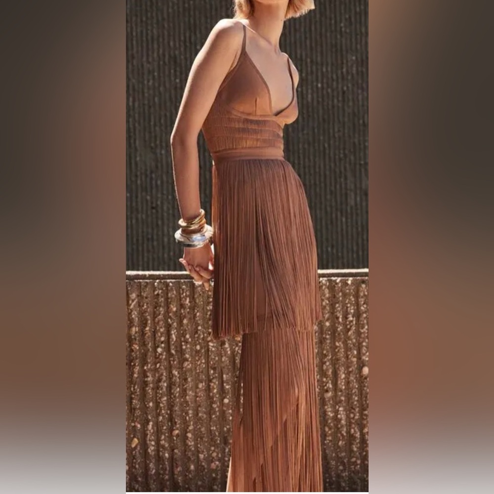 HERVE LEGER Fringe Gown - Toffee FRI8438676 NWT - Picture 5 of 7